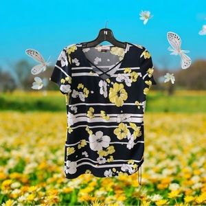 Pullover Top Navy Blue with Bright Flowers by Le Grenier Women’s Size Medium